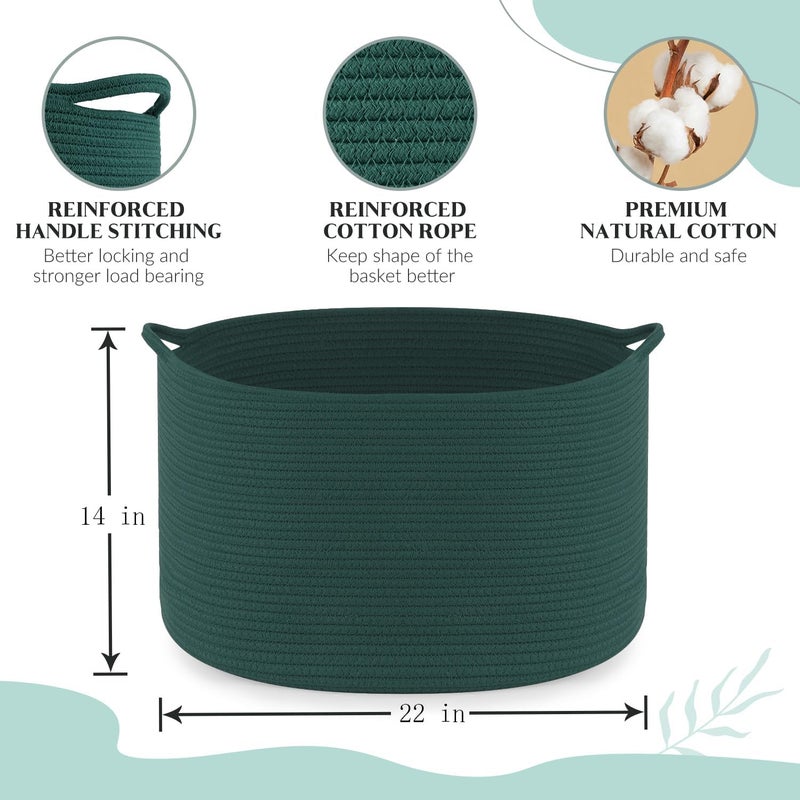 Maliton Woven Rope Basket for Blankets, Extra Large Storage, Green Laundry Hamper, Baby and Pet Toy Storage, Big Towel Basket, 22" x 22" x 14" Blanket Holder, Cotton Rope Bin - Image 2